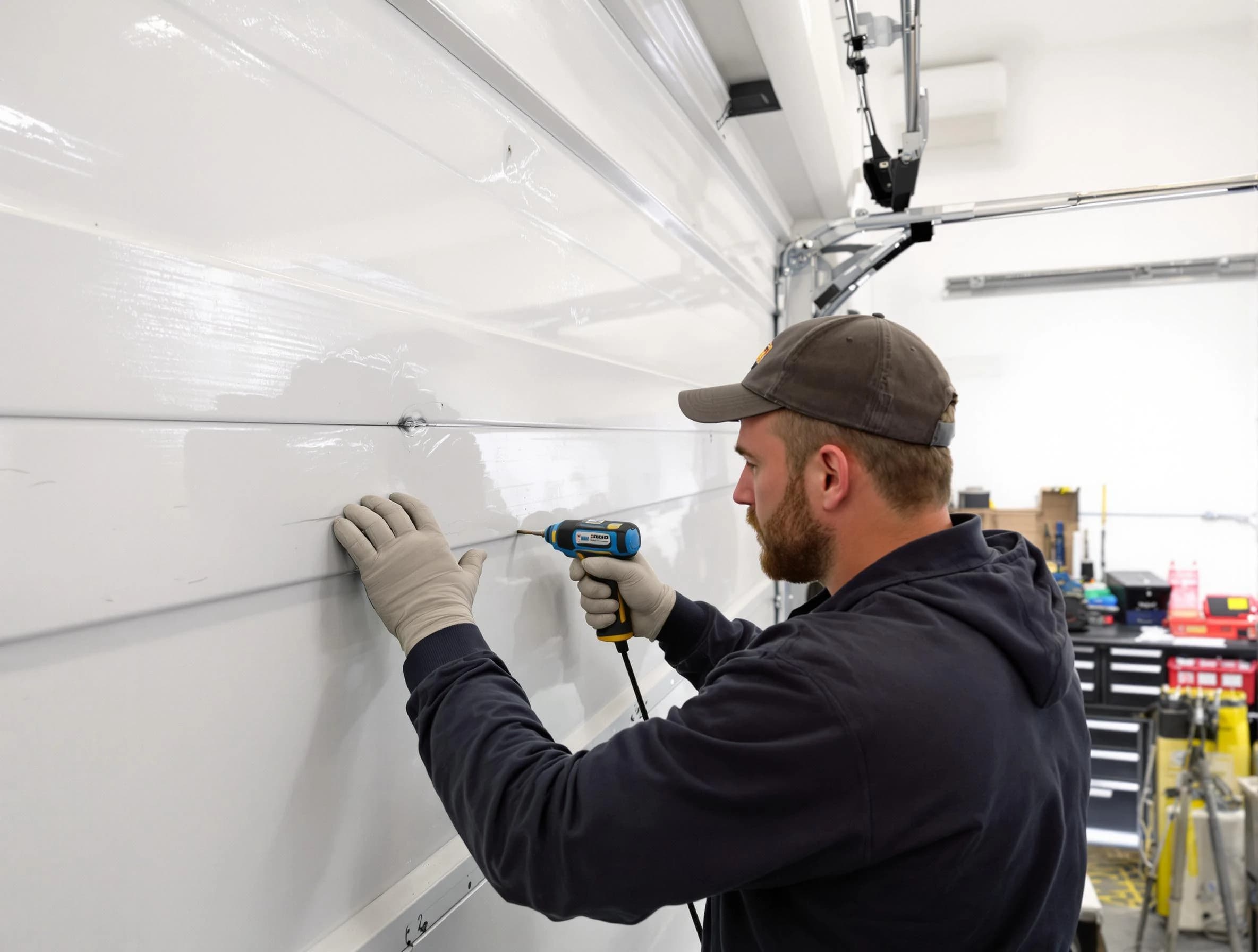 Draper Garage Door Repair technician demonstrating precision dent removal techniques on a Draper garage door