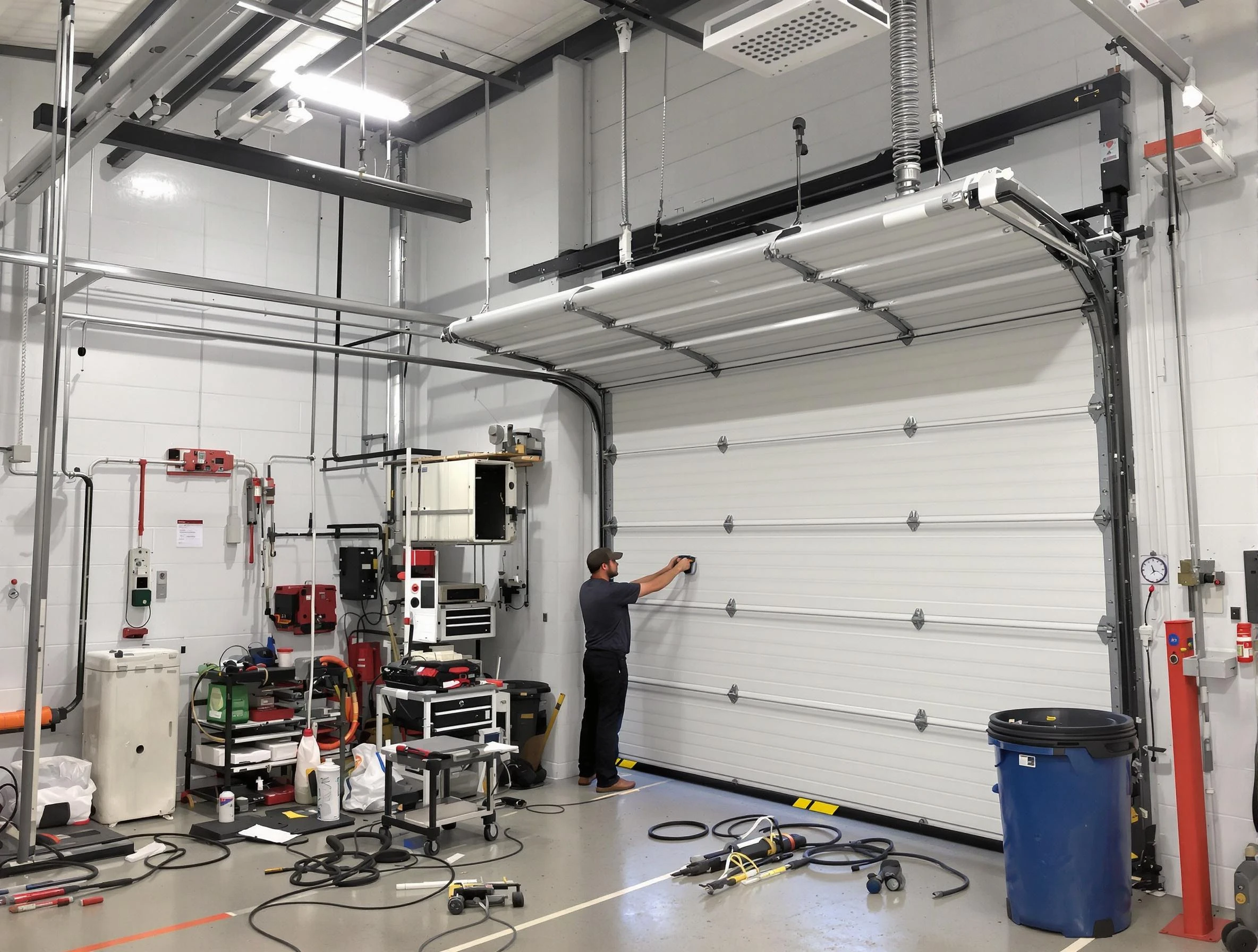 Draper Garage Door Repair certified technician performing commercial door repair at a Draper business facility